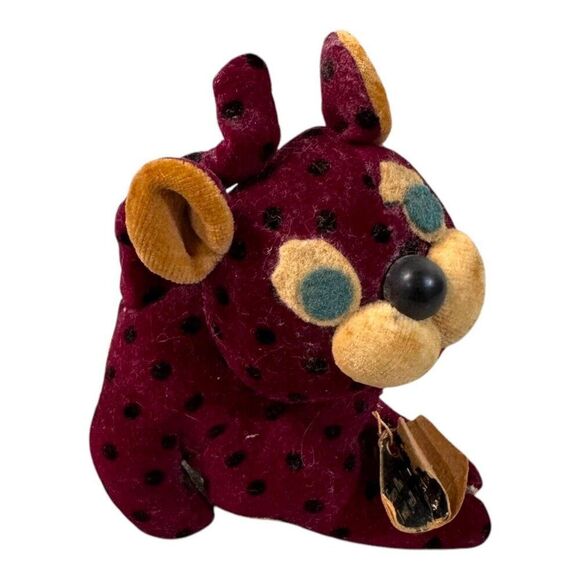 Vintage Handmade Fancy Animal Japan Plush Toy With Tag Maroon Yellow Leopard Cat - Picture 3 of 8